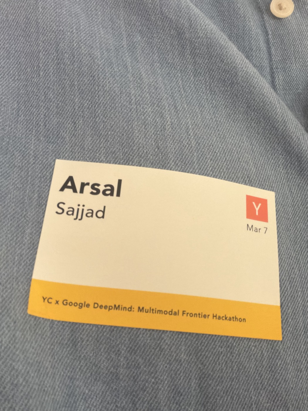 Y Combinator name badge for the YC x Google DeepMind Multimodal Frontier Hackathon